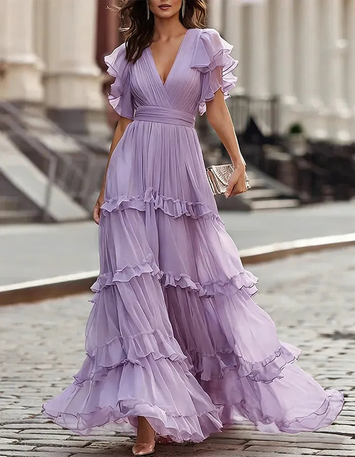 Women's Ruffle Flowy Maxi Wedding Guest Dress with V-Neck
