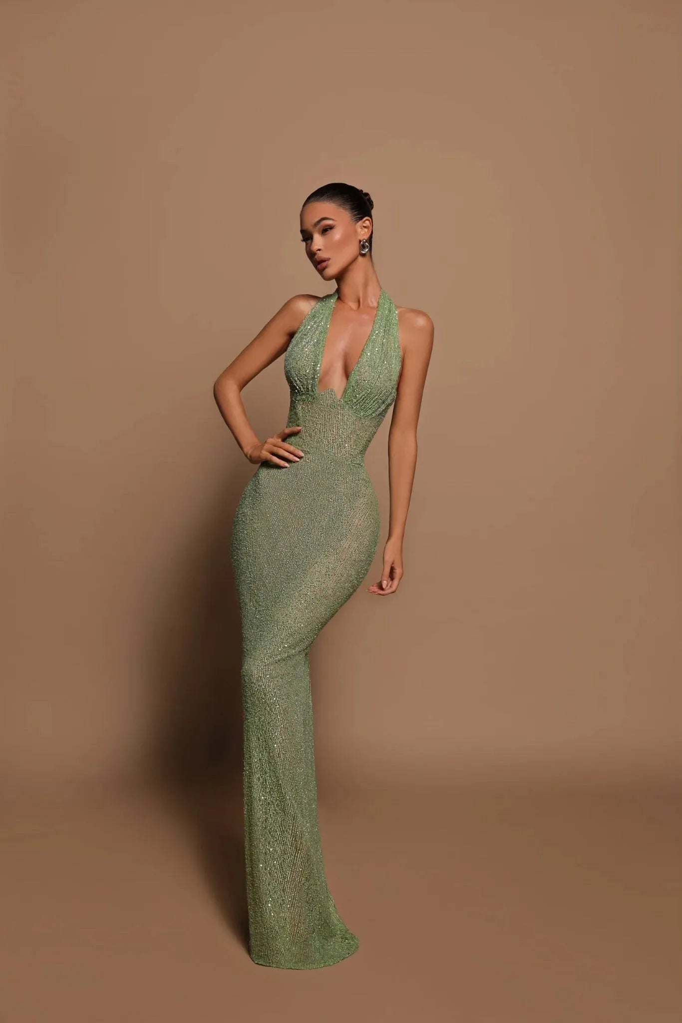 Women's Sequin Bodycon Maxi Wedding Guest Dress with Open Back