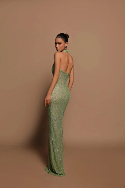 Women's Sequin Bodycon Maxi Wedding Guest Dress with Open Back