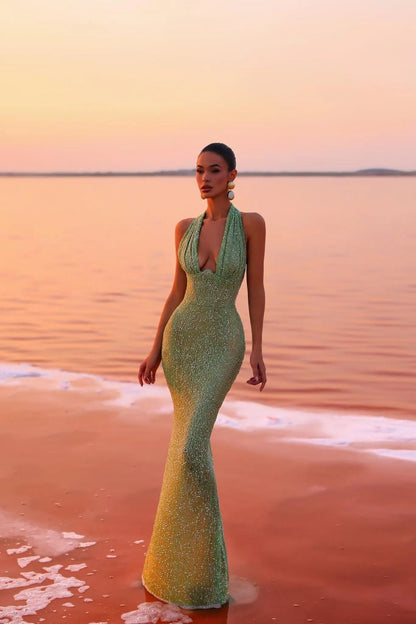 Women's Sequin Bodycon Maxi Wedding Guest Dress with Open Back