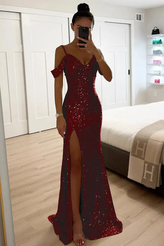 Women's Sequin Elegant Maxi Wedding Guest Dress with High Slit