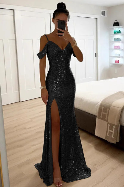 Women's Sequin Elegant Maxi Wedding Guest Dress with High Slit