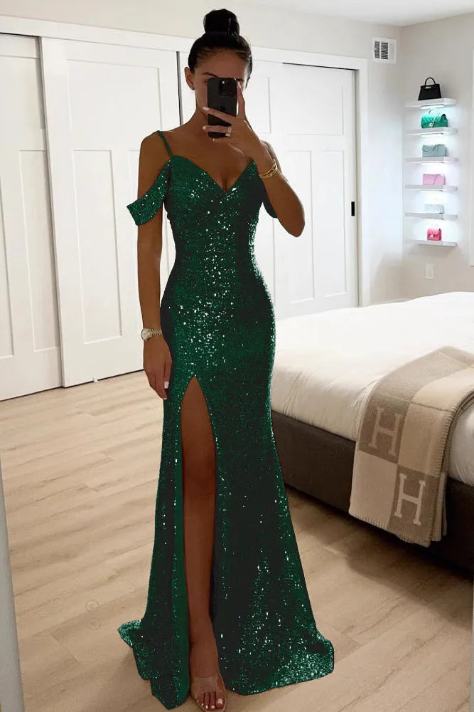 Women's Sequin Elegant Maxi Wedding Guest Dress with High Slit