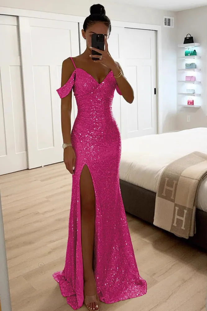 Women's Sequin Elegant Maxi Wedding Guest Dress with High Slit