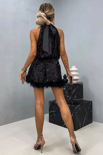 Women's Sequin Holiday Mini Wedding Guest Dress with High Neck