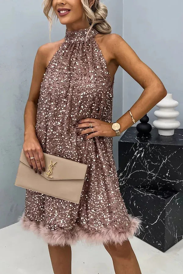 Women's Sequin Holiday Mini Wedding Guest Dress with High Neck