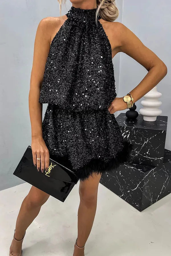 Women's Sequin Holiday Mini Wedding Guest Dress with High Neck