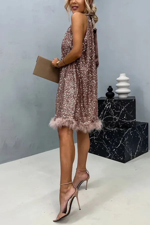 Women's Sequin Holiday Mini Wedding Guest Dress with High Neck