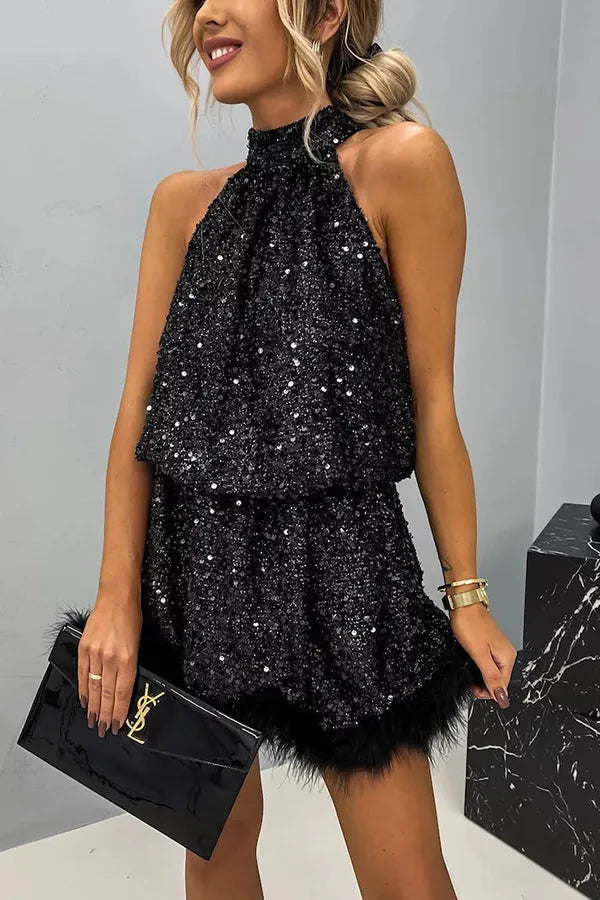 Women's Sequin Holiday Mini Wedding Guest Dress with High Neck