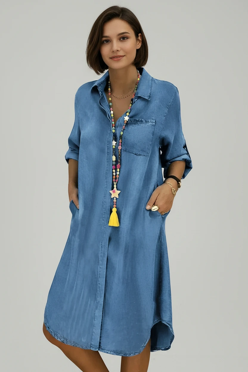 Women's Shirt Midi Dress with Long Sleeves
