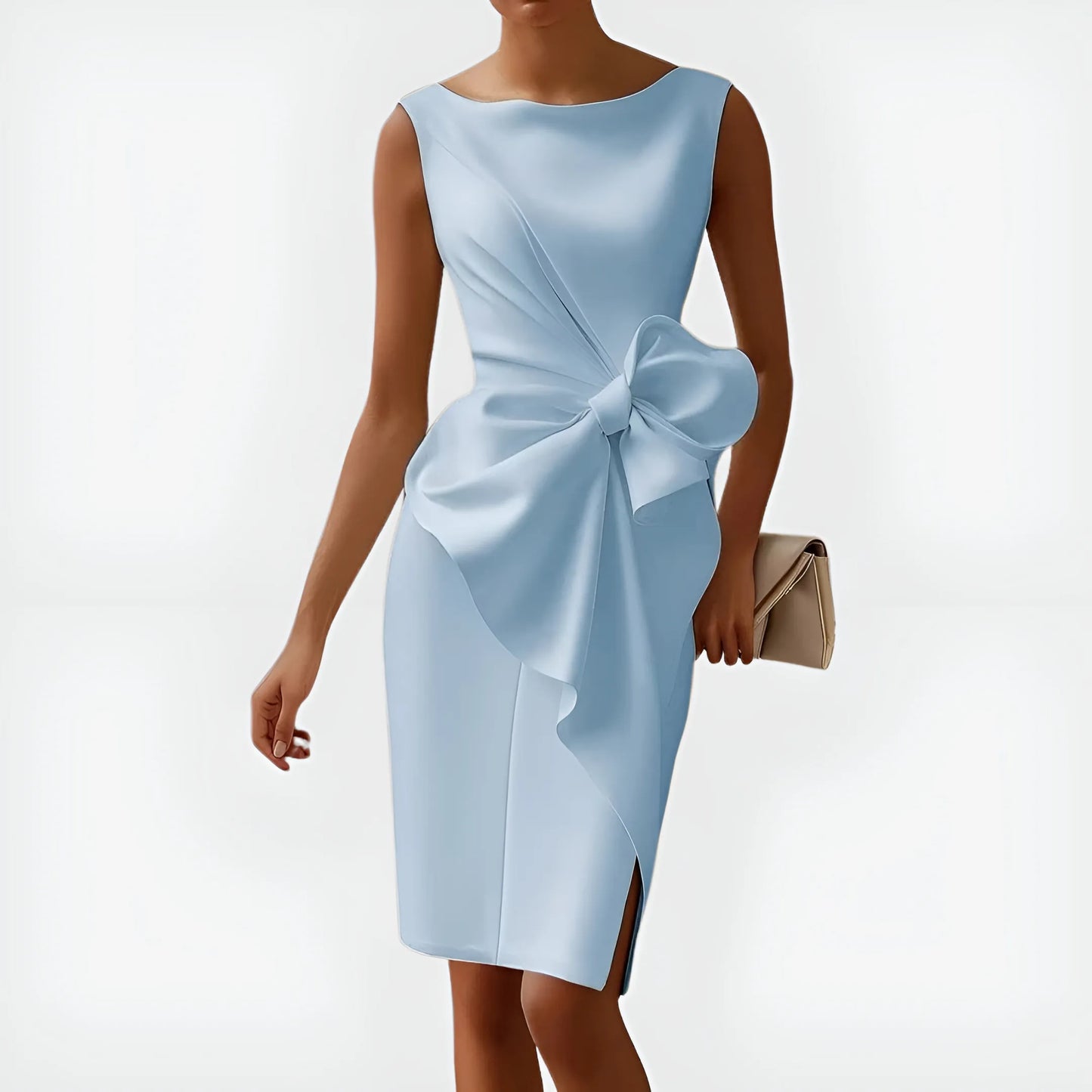 Women's Sleeveless Elegant Midi Wedding Guest Dress with Boat Neck