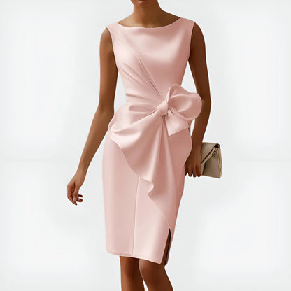 Women's Sleeveless Elegant Midi Wedding Guest Dress with Boat Neck