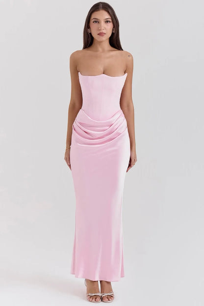 Women's Strapless Elegant Maxi Wedding Guest Dress with Ruched