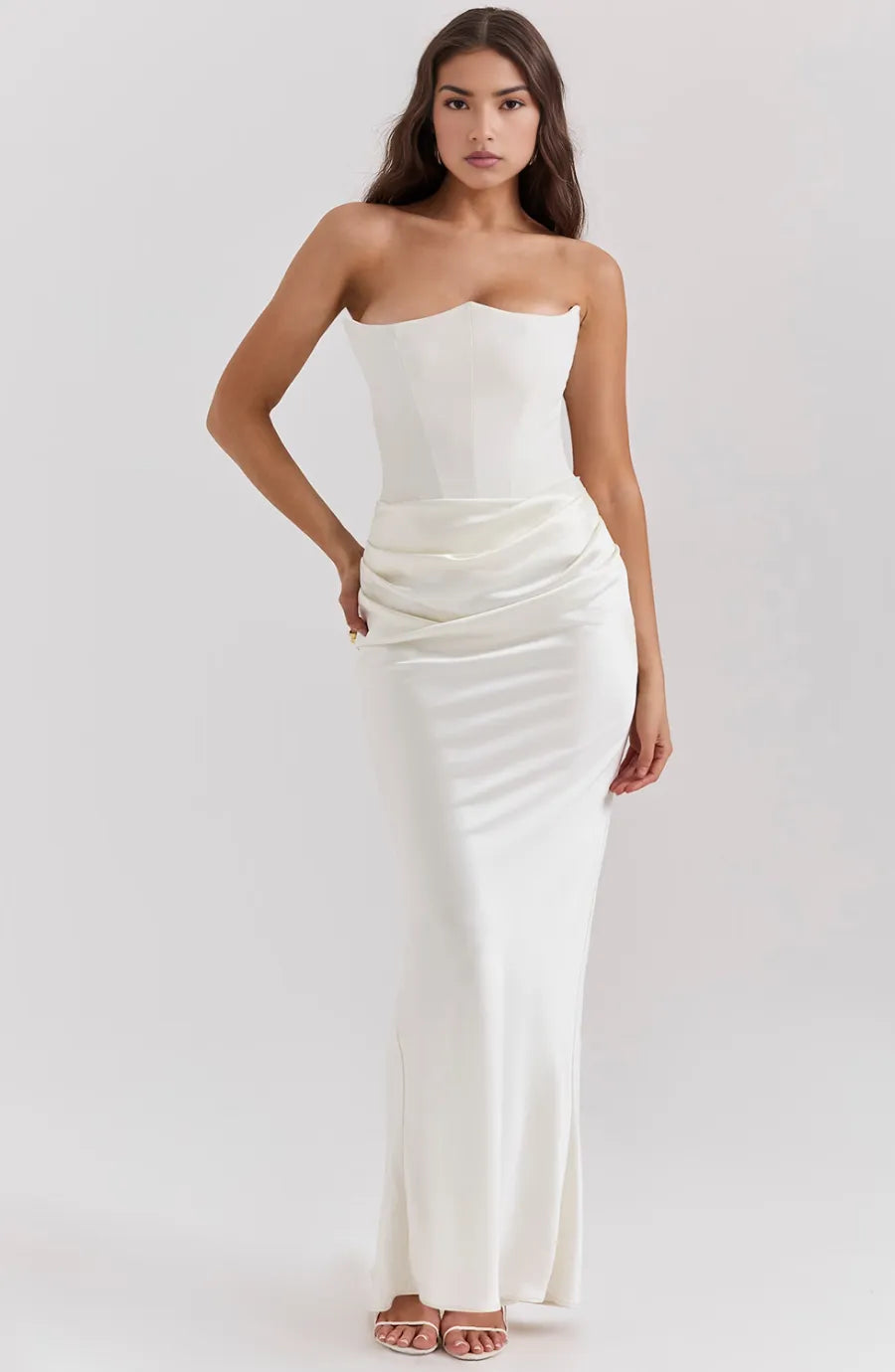 Women's Strapless Elegant Maxi Wedding Guest Dress with Ruched