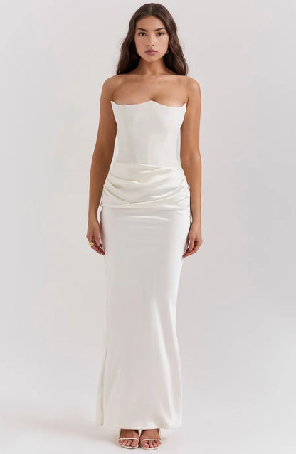 Women's Strapless Elegant Maxi Wedding Guest Dress with Ruched