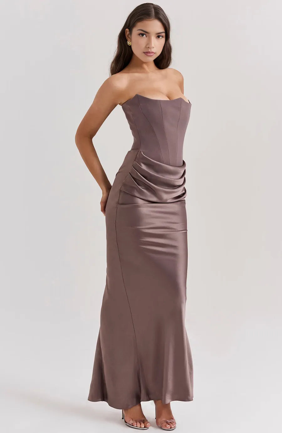 Women's Strapless Elegant Maxi Wedding Guest Dress with Ruched