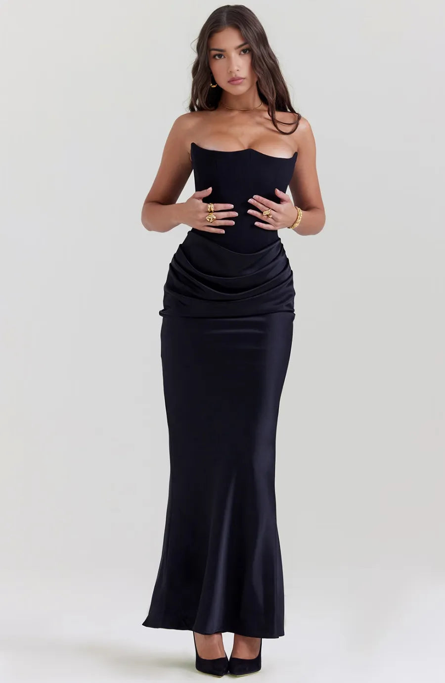 Women's Strapless Elegant Maxi Wedding Guest Dress with Ruched