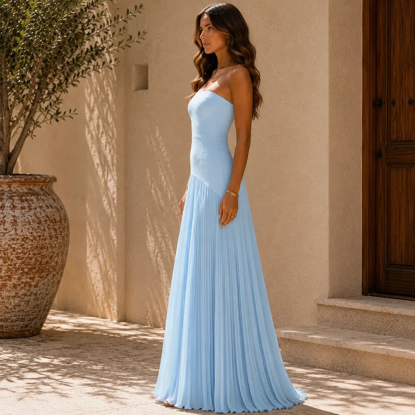 Women's Strapless Pleated Maxi Wedding Guest Dress