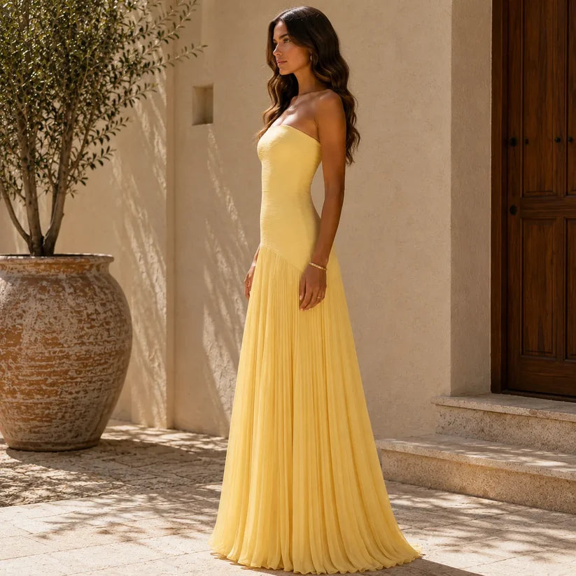 Women's Strapless Pleated Maxi Wedding Guest Dress