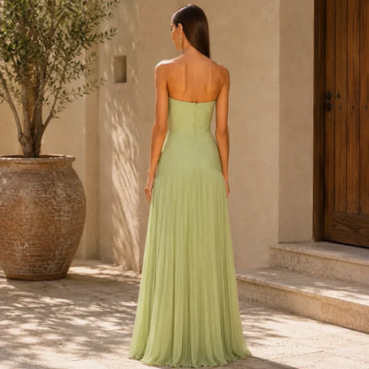 Women's Strapless Pleated Maxi Wedding Guest Dress