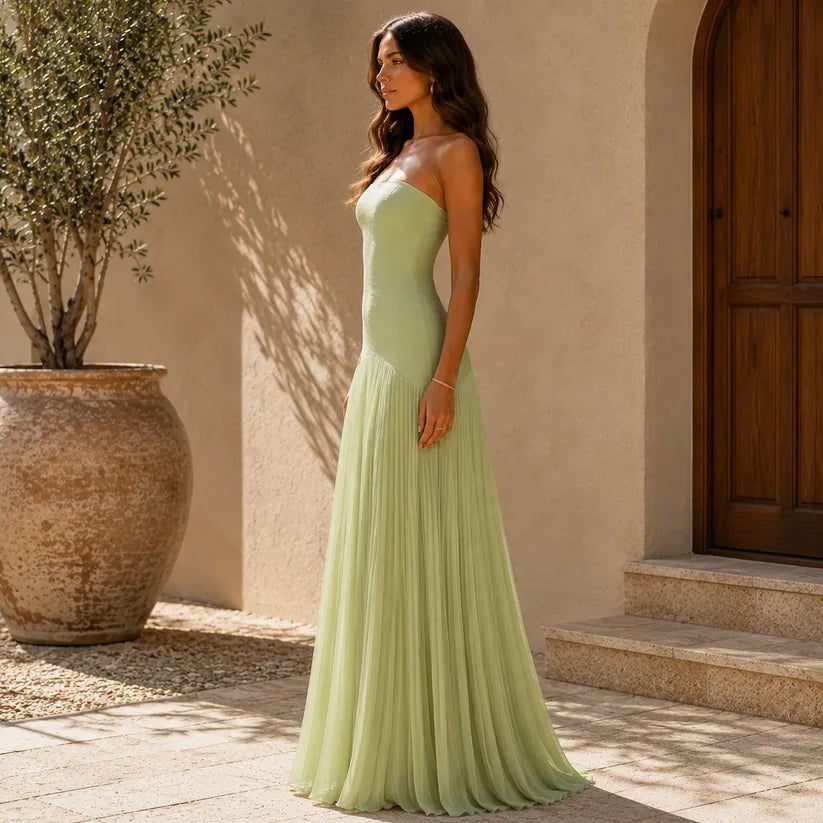 Women's Strapless Pleated Maxi Wedding Guest Dress