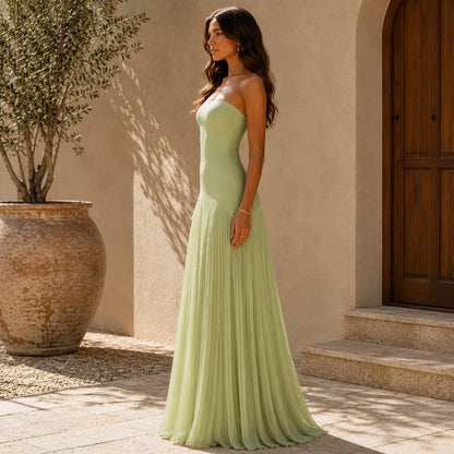 Women's Strapless Pleated Maxi Wedding Guest Dress