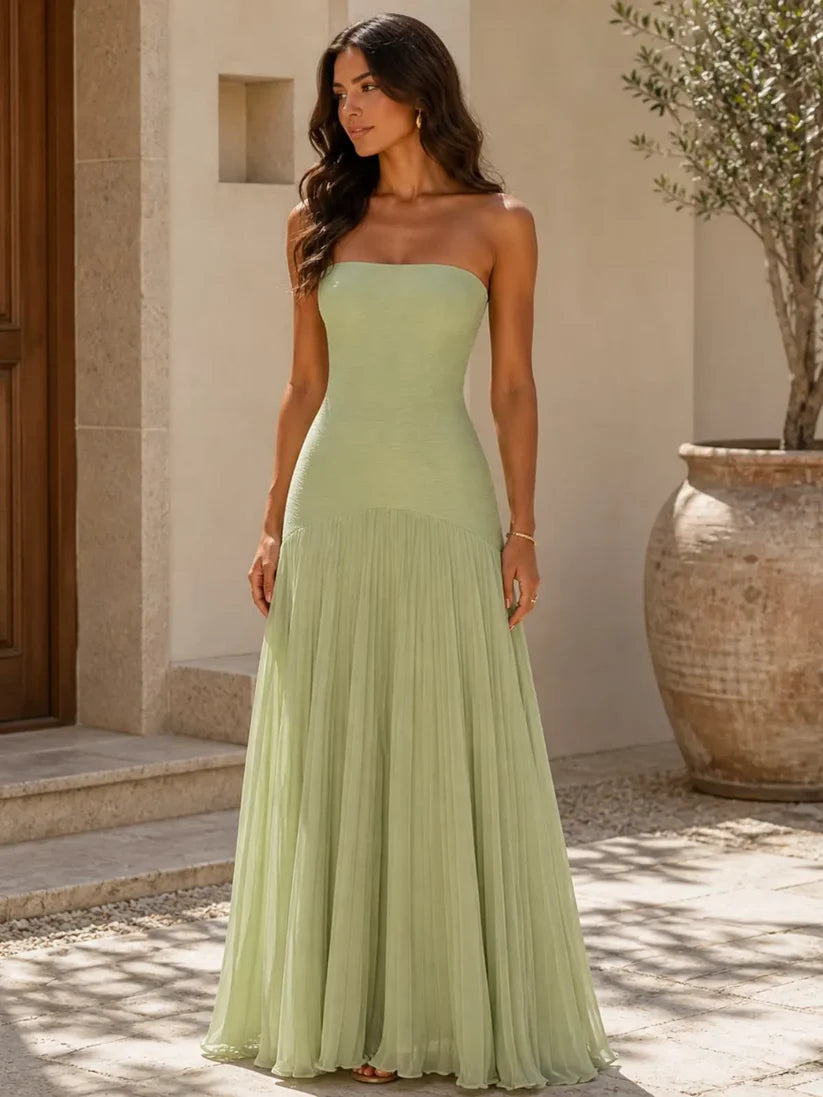 Women's Strapless Pleated Maxi Wedding Guest Dress