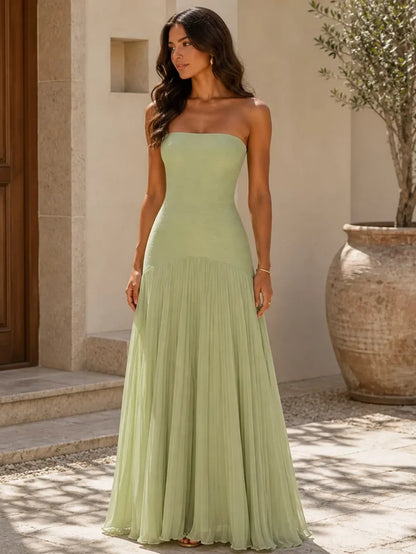 Women's Strapless Pleated Maxi Wedding Guest Dress