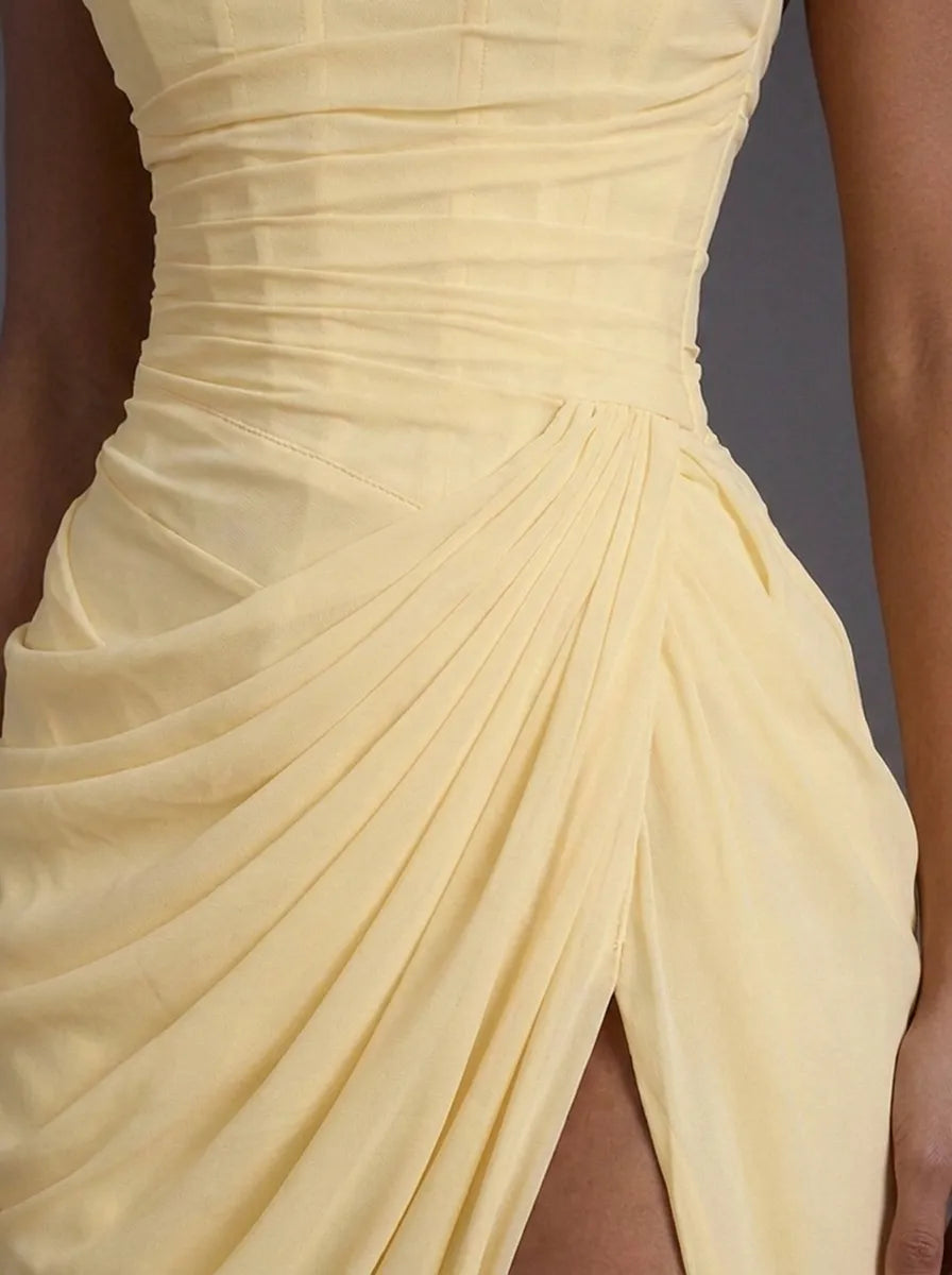 Women's Strapless Ruched Maxi Wedding Guest Dress with Slit