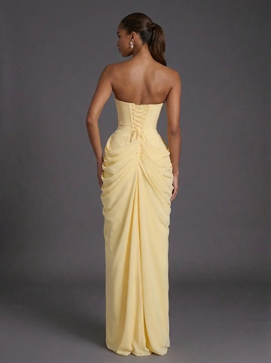 Women's Strapless Ruched Maxi Wedding Guest Dress with Slit