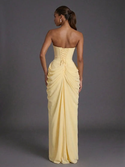 Women's Strapless Ruched Maxi Wedding Guest Dress with Slit