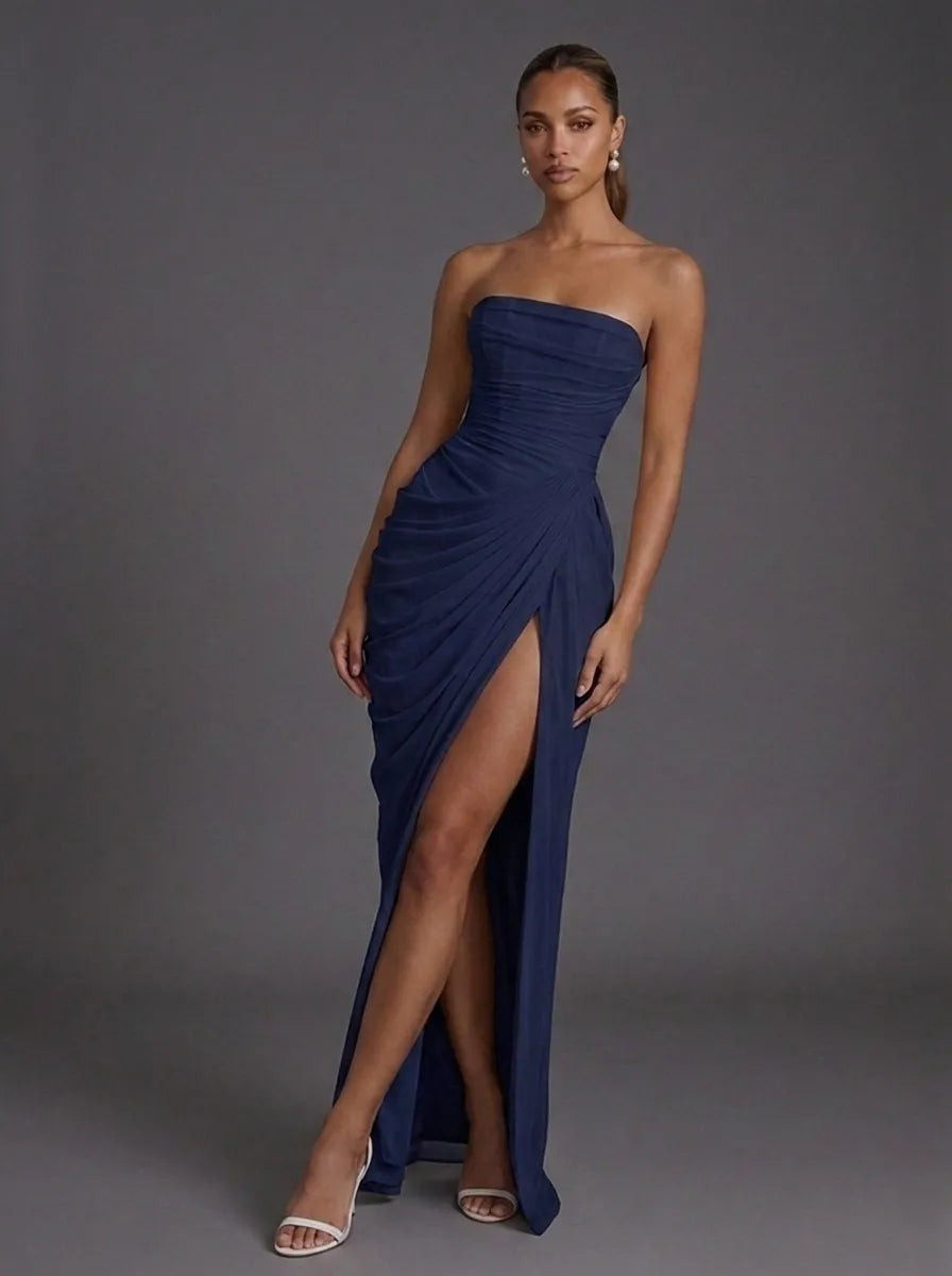 Women's Strapless Ruched Maxi Wedding Guest Dress with Slit