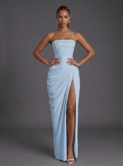 Women's Strapless Ruched Maxi Wedding Guest Dress with Slit
