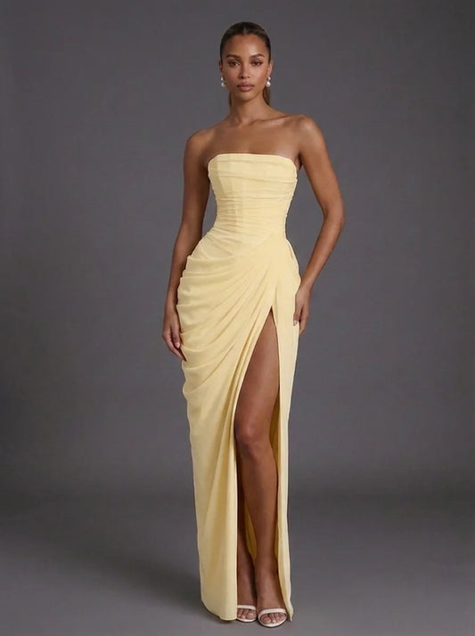 Women's Strapless Ruched Maxi Wedding Guest Dress with Slit