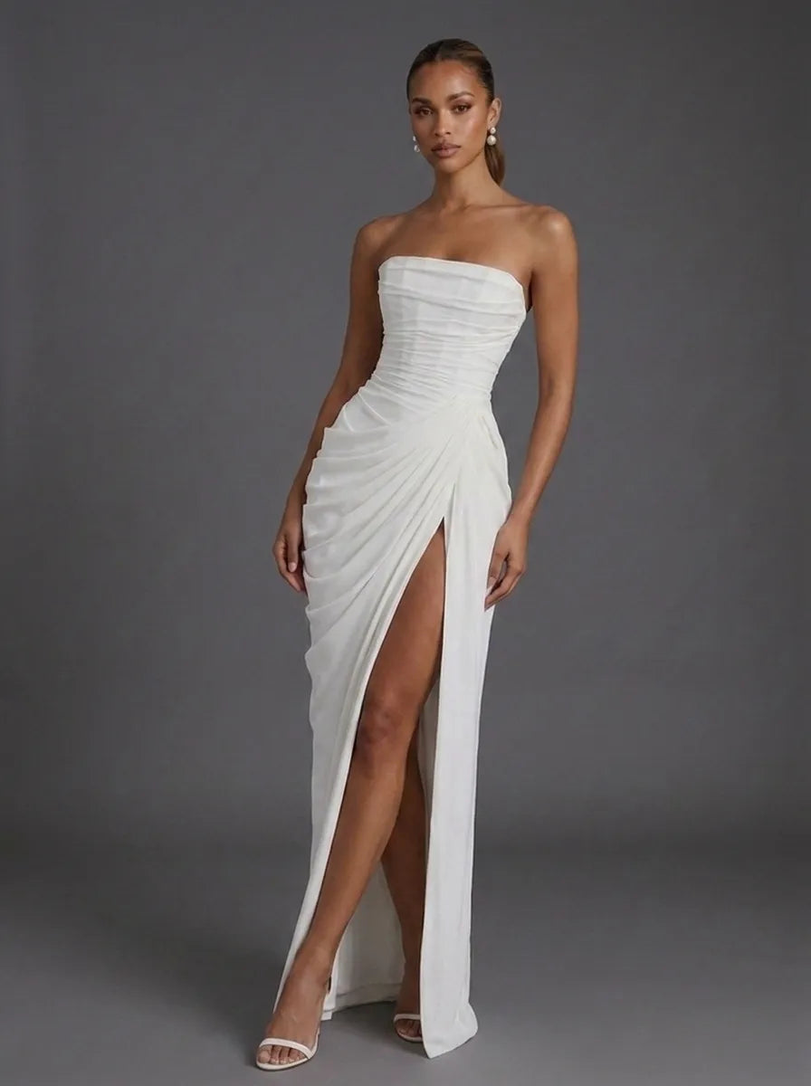 Women's Strapless Ruched Maxi Wedding Guest Dress with Slit