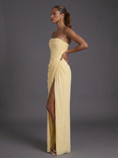 Women's Strapless Ruched Maxi Wedding Guest Dress with Slit