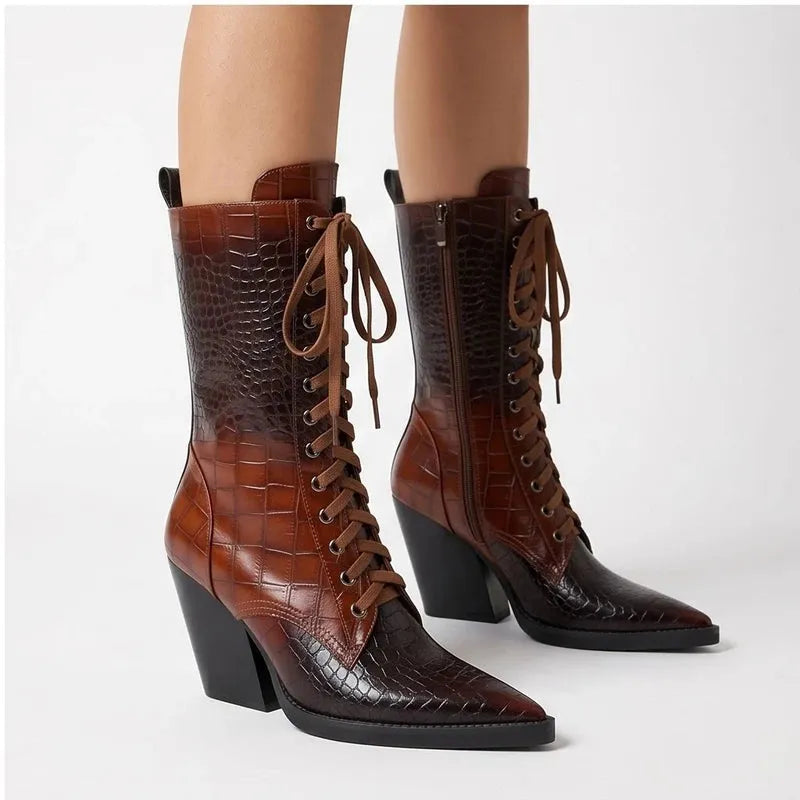 Women's Stylish Lace-Up Boots with Block Heel