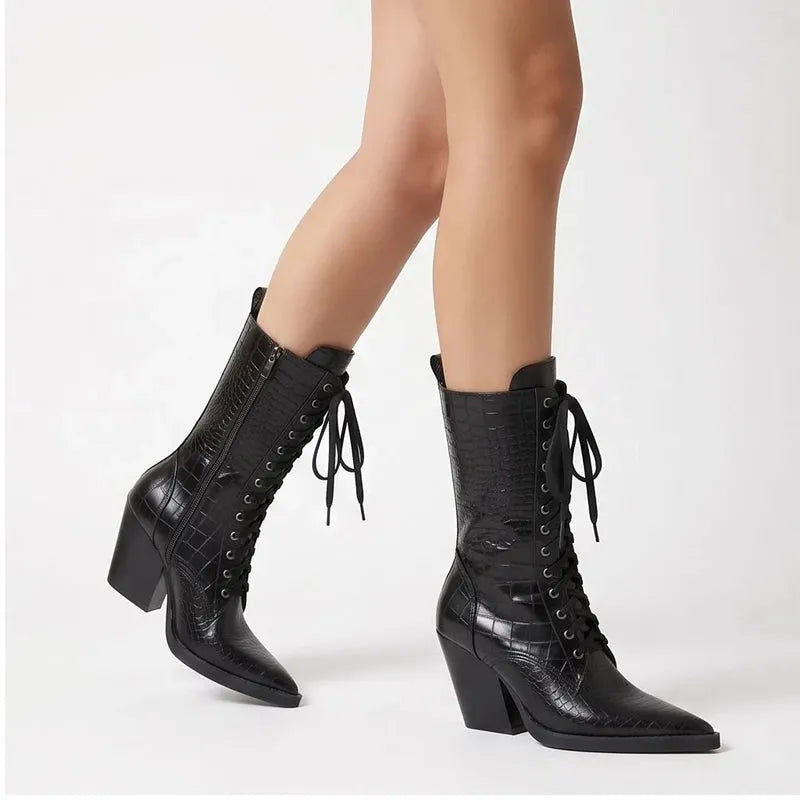 Women's Stylish Lace-Up Boots with Block Heel