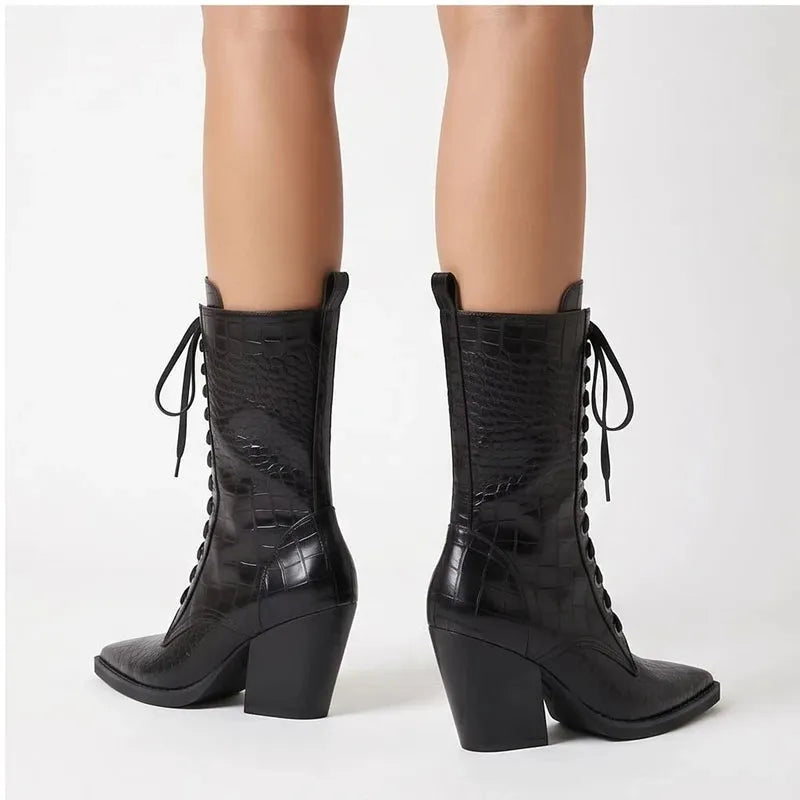 Women's Stylish Lace-Up Boots with Block Heel