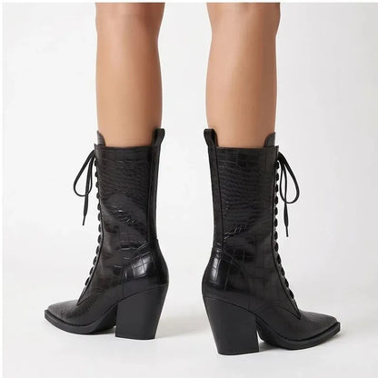 Women's Stylish Lace-Up Boots with Block Heel