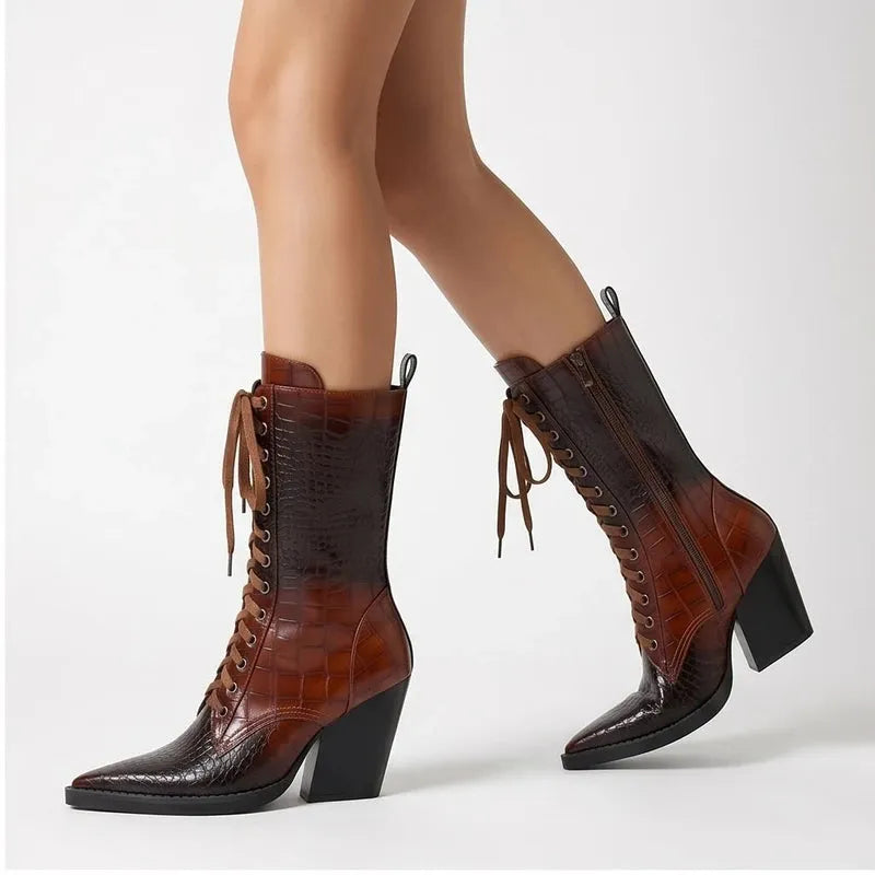 Women's Stylish Lace-Up Boots with Block Heel