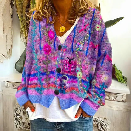 Women's V-Neck Cardigan with Button Closure and Ribbed Cuffs