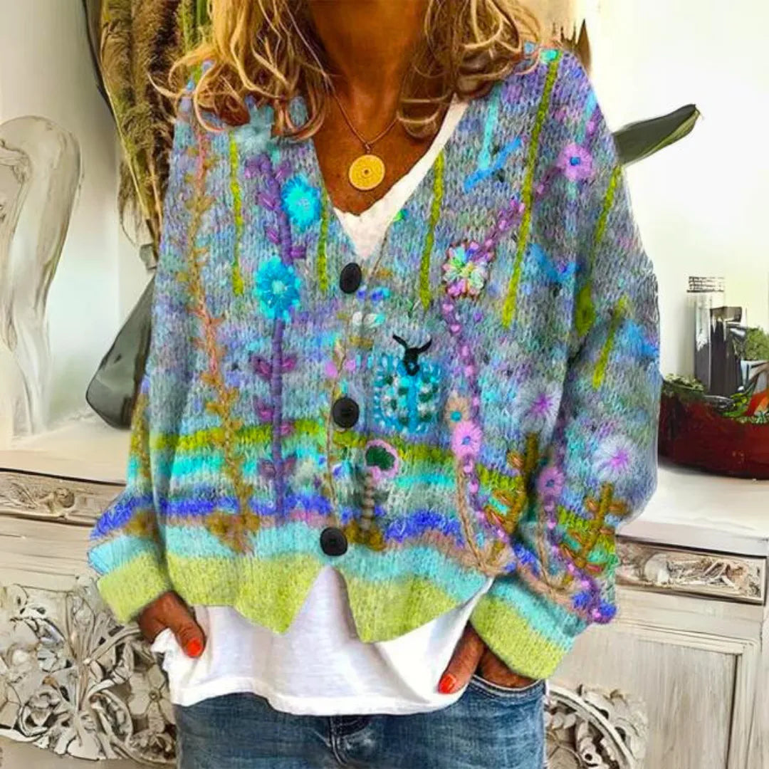 Women's V-Neck Cardigan with Button Closure and Ribbed Cuffs