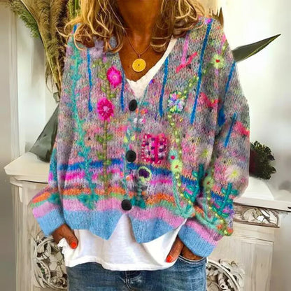Women's V-Neck Cardigan with Button Closure and Ribbed Cuffs