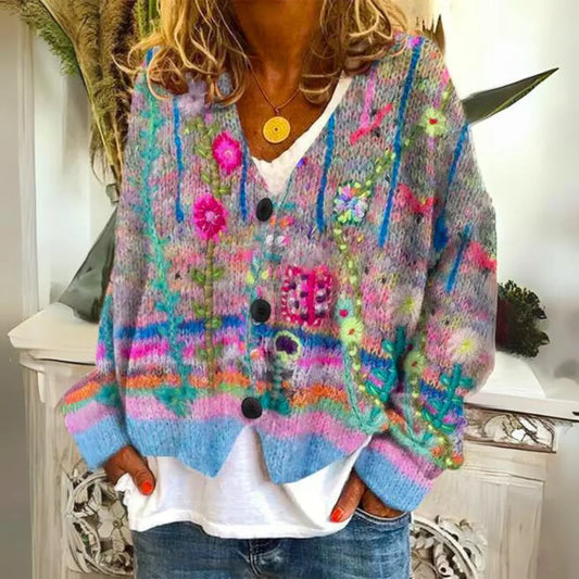 Women's V-Neck Cardigan with Button Closure and Ribbed Cuffs