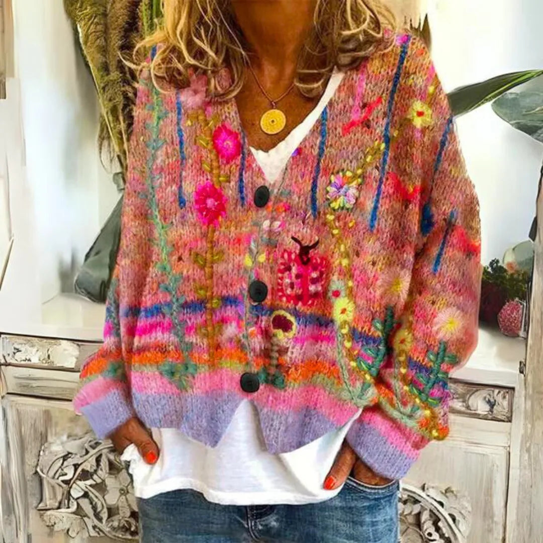 Women's V-Neck Cardigan with Button Closure and Ribbed Cuffs