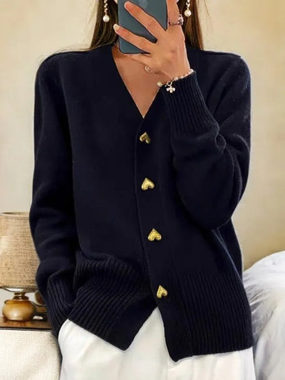 Women's V-Neck Cardigan with Button Closure and Ribbed Hem