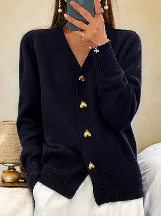 Women's V-Neck Cardigan with Button Closure and Ribbed Hem
