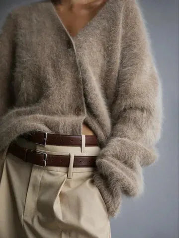 Women's V-Neck Cardigan with Button Closure and Soft Touch Fabric