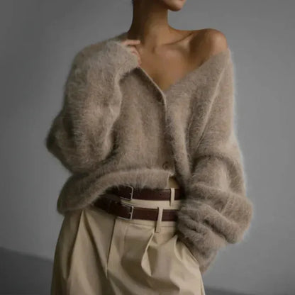 Women's V-Neck Cardigan with Button Closure and Soft Touch Fabric